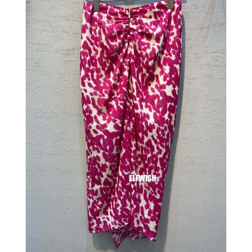 Woman Rose Pink Print Silk Midi Wrap Skirt Ruffled Front Slit High Waist Zipper Back Fashion Asymmetric Skirts