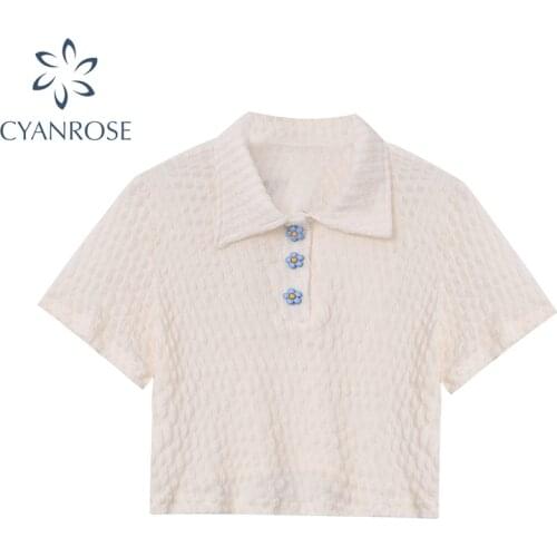 Floral Button Knitted Short Sleeve Solid T Shirt Summer 2021 New Korean Sweet Style Elastic Slim Polo Collar Short Tops Female