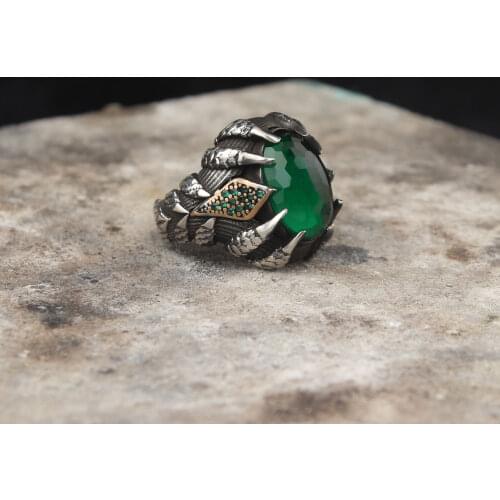 925 Sterling Silver Claw Ring, Eagle Claw Men Ring, Dragon Claw Silver Ring For Men, Green Zircon GemStone Silver Ring, Emerald