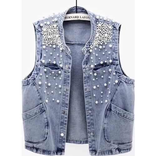 Spring Autumn Fashion Beading Denim Vest Female 2021 New Korean Women Sleeveless Jacket Korean Loose Big Pocket Waistcoat