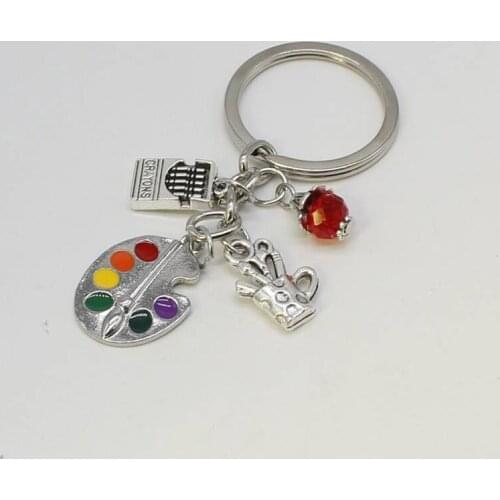 1Painting Tools-Palette and Beaded Paintbrush Keychain Amulet Keychain Ring DIY Keychain