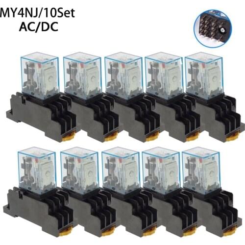 10PCS MY4NJ DC/AC 12V 24V 36V 48V 110V 220V Coil 5A 4NO 4NC Power Relay DIN Rail 14 Pin time relay with socket base