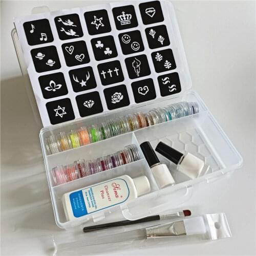 24 Colors Glitter Temporary Tattoo Waterproof Template Stencil 2 Brushes 2 Glues Painting Kit for Kids Face Body Diy Nail ART