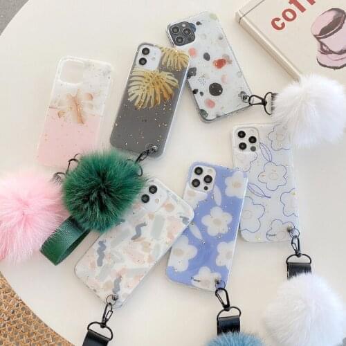 Epoxy Glitter Sequins Flower Banana Leaves Doodle Case for iPhone 12 Mini 11 Pro XS Max Plush Fur Ball Hand Holder Strap Cover