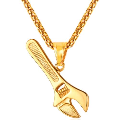 Collare Wrench Pendant 316L Stainless Steel Gold/Black Color Hippie Mechanic Tool Necklace Motorcycle Spanner Men Jewelry P102