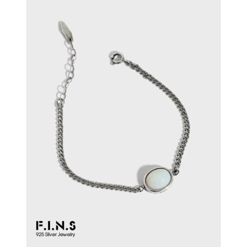 F.I.N.S Simple Retro Old Link Chain S925 Sterling Silver Bracelet Geometric Oval Opal Stone Bracelets Stackable Fine Jewelry