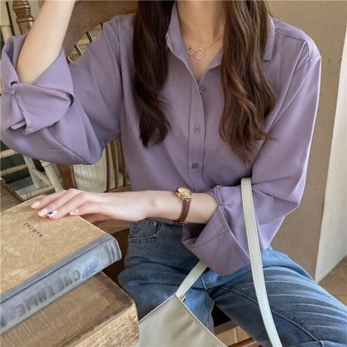 Classic Chiffon Blouse Female Loose Long Sleeve Casual Shirts Lady Simple Style Tops Clothes Blusas Pocket Tops 209