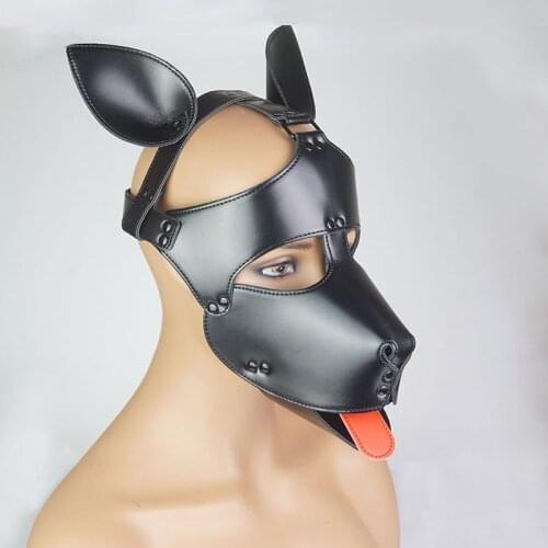 Leather Pet Puppy Play Hood,BDSM Dog Mask Red Tongue, Canine Bondage Gear,Sex Toys For Couples,Cover Entire Face Gimp