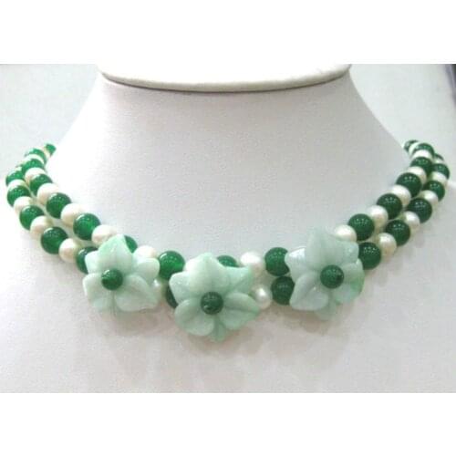 Beautiful 2 row white pearl & green jadeS flower necklace