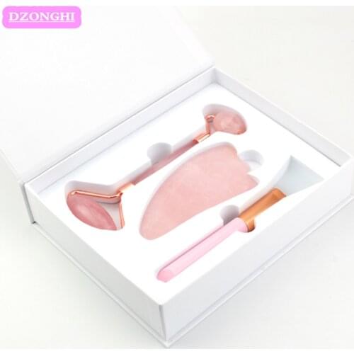 Facial Massager Rose Quartz Roller Powder Crystal Roller Jade Roller Scraping Board Mask Brush Three-piece Set Custom Wholesale