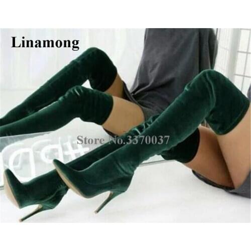 Top Fashion Women Pointed Toe Dark Green Velvet Over Knee Thin Heel Boots Slim Bandage Long High Heel Boots Club Dress Shoes