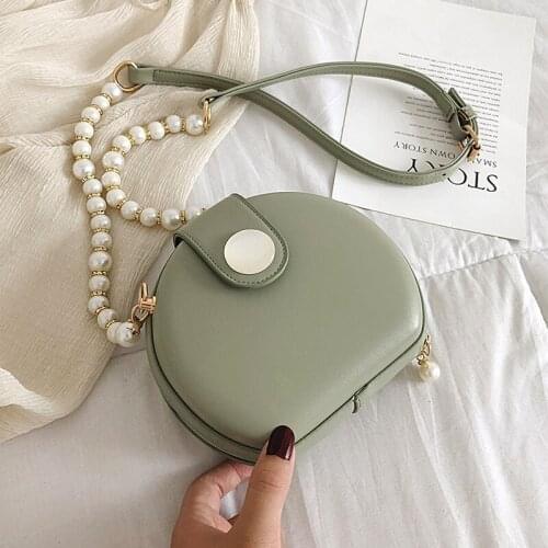 2021 New Elegant Female Round Summer New Quality PU Leather Womens Designer Handbag Pearl Chain Shoulder Messenger Bag Purses