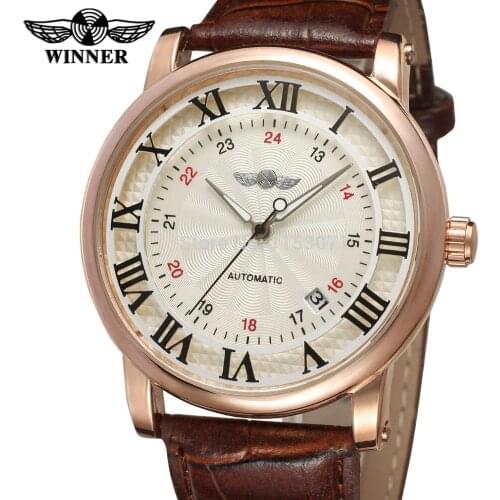 NEWEST! WINNER WRG8051M3R7 rose gold color case silver color dial with black roman numbers brown leather strap with giftbox