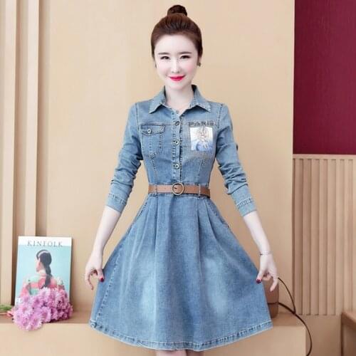 Autumn Women Denim Dress Belted Slim Fit Long Sleeve Jean Dresses Ladies A Line Casual Streetwear Knee Length Mid Sequined Dress