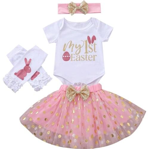 2021 Newborn Baby Girls Easter 4pcs Outfit Set Short Sleeve Bodysuit + Polka Dot Print Tutu Skirt + Headband + Leg Warmers Set
