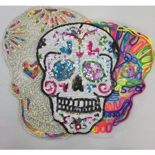 Sequins patch skull DIY clothes patches for clothing Sew-on embroidered patch motif beaded applique deal with it crafts