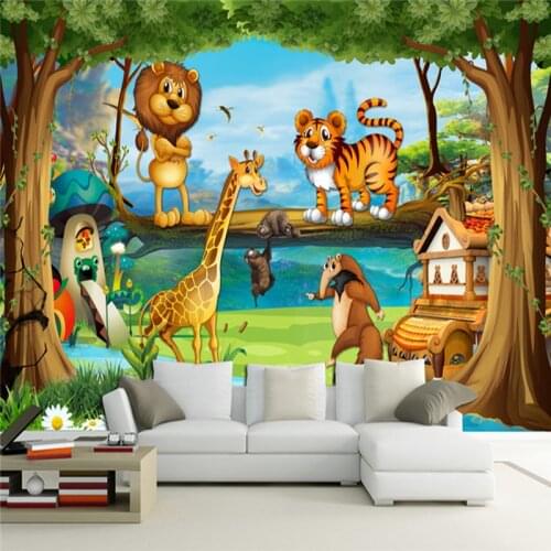 Custom 3D Photo Wallpaper Cartoon Forest Animal World Lion Tiger Giraffe Children Boy Room Bedroom Wall Mural Papel De Parede 3D