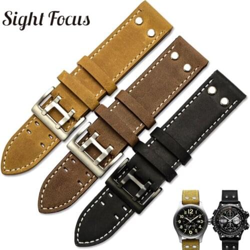 20mm 22mm Crazy Horse Calf Leather Straps for Hamilton Watch Band Rivet Mens Military Pilot Khaki Field Aviation Watch Belts Uhr