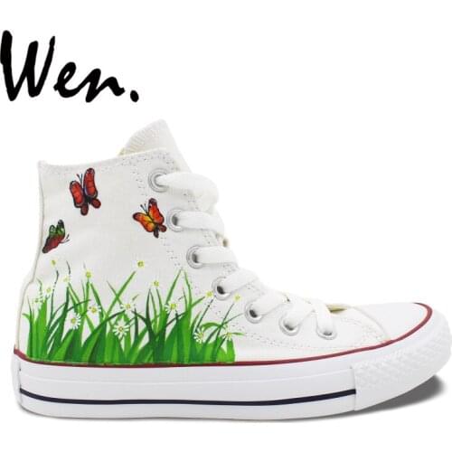 Wen Men Womens Hand Painted Shoes Original Design Custom Butterfly in Flowers High Top Canvas Sneakers for Gifts