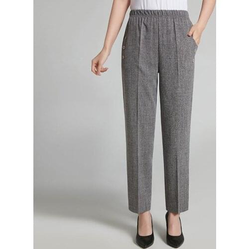 Spring Summer Larger Size Loose Elastic Waist Thin Pants Middle-aged Women Straight Ankle-length Pants High Waist Trousers