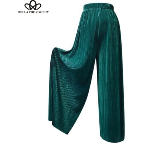 2019 summer pleated pants women pants color bright silk chiffon tall waist pleated wide legged pants chiffon leisure trousers