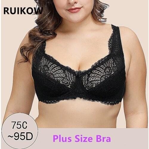 Plus Size Women Bra Top Full Coverage Lace Floral Gather White Black Bralette Non Padded Underwire Thin Cup Bra for Fat Female