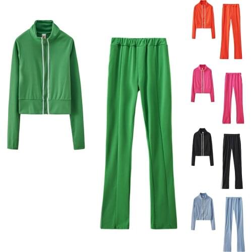 Women Tracksuit Solid Color Split Sports Set 2PC Homewear Suit Mujer Long Sleeve Stand Collar Zipper Jacket Tops+Long Pants