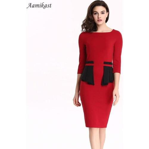 AAMIKAST Women Dresses Elegant Square Collar Patchwork Three Quarter Sleeve Casual Party Vintage Business Dresses S_ XXXL