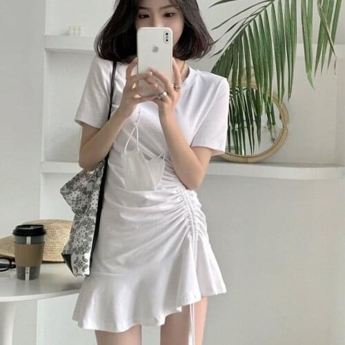 Fashion 2021 Summer Dress For Women Round Neck Casual Pleated Ruffle Short Sleeve Mini Wrap Knee-Length Slim Dresses