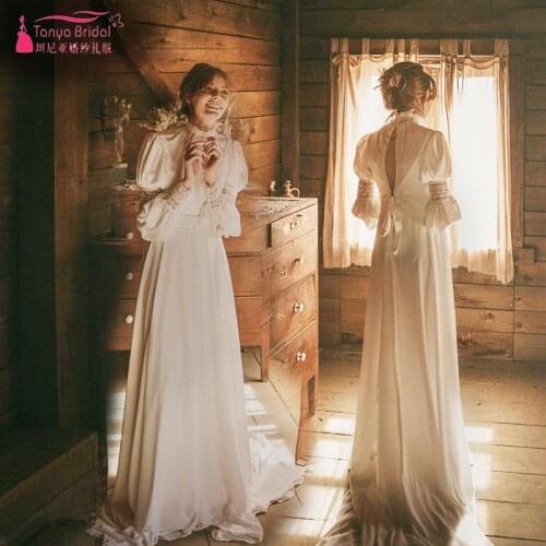 Far Western Victorian Style Bohemian Wedding Dresses Long Sleeve High Neck Chiffon Bridal Gowns Amazing Beauty Vestidos ZW119