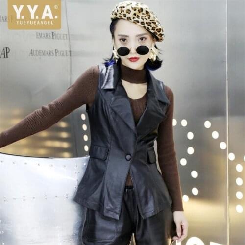 Autumn Winter Office Ladies Slim Fit Suit Vest One Button Sleeveless Jacket Women Natural Sheepskin Real Leather Waistcoat Tops