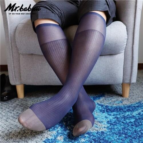 2Pair/lot Mens gold and blue toe thick wood pinstripe nylon medium height formal business stockings