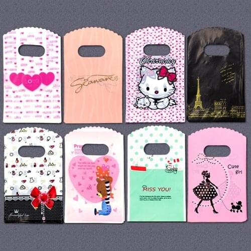 50pcs/lot Various Patterns Heart-Shaped Oval Handles Jewelry Plastic Bag Mini Gift Packing Bag Store Small Shopping Cookie Bags