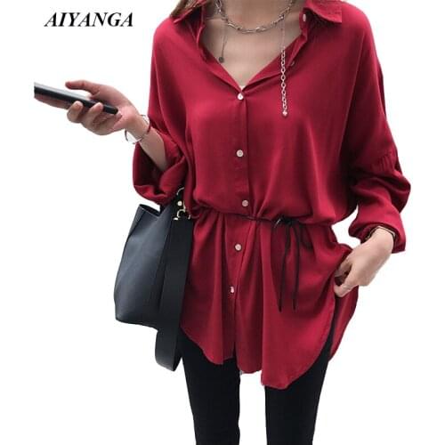 M-4XL BF Style Casual Blouses Women 2019 Spring Shirts Female OL Office Ladies Medium Long Shirt With Sashes Long Sleeve Blouse