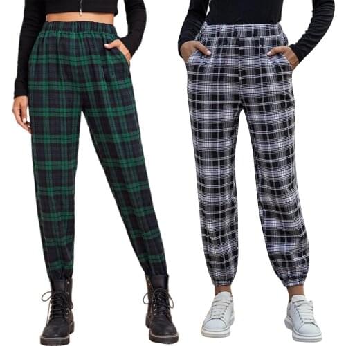 2020 Women Casual Plaid Pants Elastic Waist Color Block Ankle Length Sweatpants Sport Long Pants Fashion Trousers