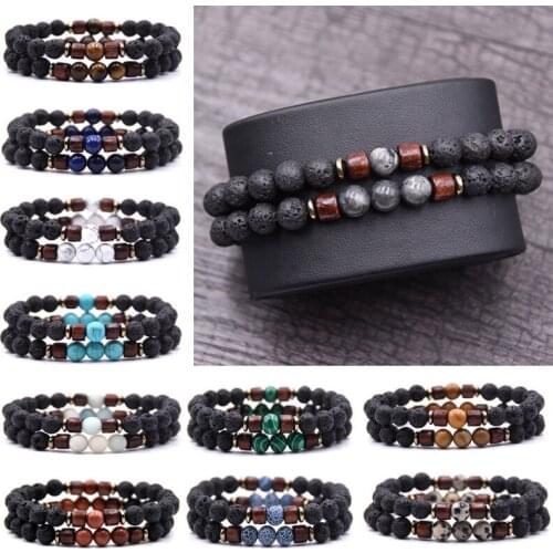 2pcs/set Wooden Charms Lava Stone Bracelet Homme Bead Tibetan Buddha Bracelet Chakra Diffuser Bracelets Men Jewelry Gifts