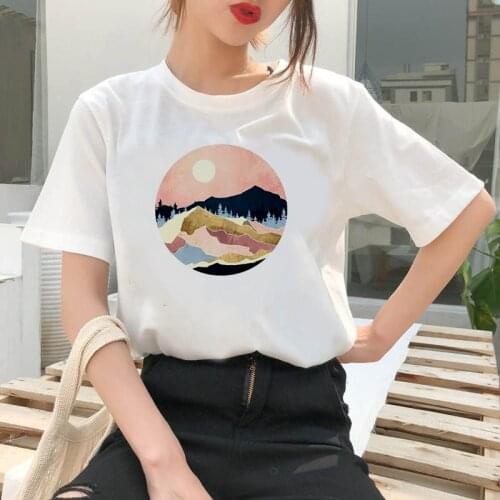 Round mountain pattern Print T shirt Women Fashion Tshirt O neck Short Sleeve Harajuku T shirt White Tops Female Tops