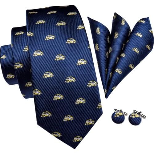 Hi-Tie Blue Print Silk Ties For Men Handkerchiefs Cufflinks Set Cartoon Car Style Mens Tie Gift For Men Party Jacquard Gravata
