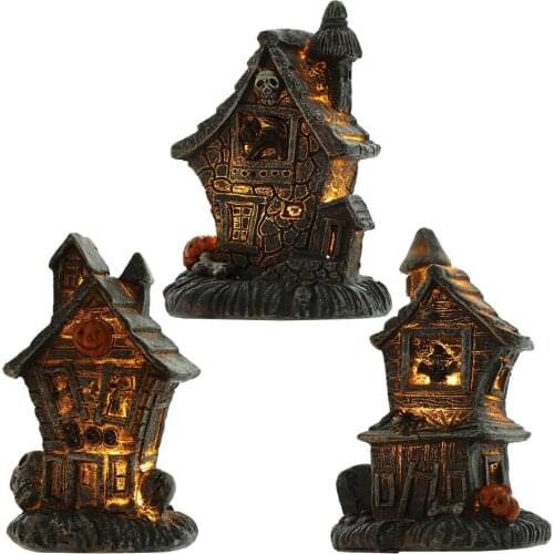 Halloween Mini Haunted House Light Ornament Skull Pumpkin House LED Lamp Luminous Spooky Decor For Party Props