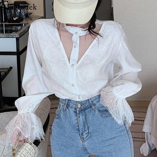 Korean Plus Size White Blouse Women 2021 Stand Collar Long Sleeve Lace Female Shirts Vintage Casual Blouses Tops Blusas 11536