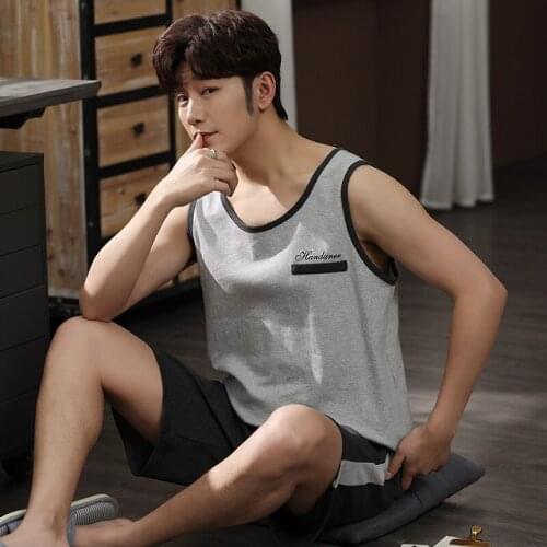 Summer Pajamas for Men Sleepwear Knitted Cotton Pajama Sets Sleeveless Short Pants Plus Size 4XL Loose Soft Mens Vest Clothing