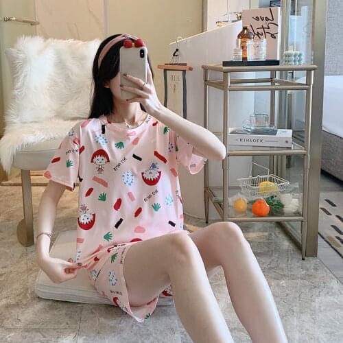 Summer women Lovely Sleepwear suit wholesale Pajamas for women short sleeved shorts pyjama Femme Round Neck Cartoon Pijamas Set
