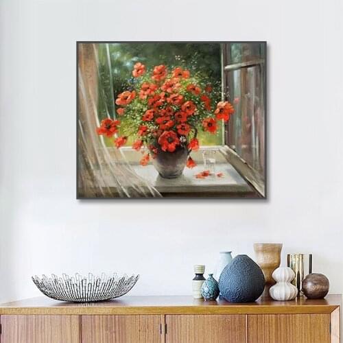 Small flowers by the window Diamond embroidery circle diamond painting rhinestone crystal painting home decoration