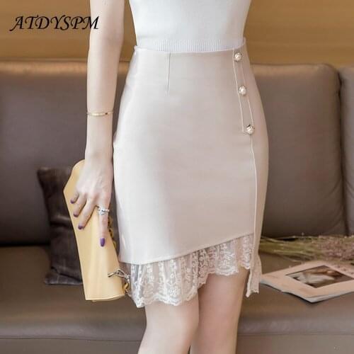 Fashion Summer Mini Skirts For Women Elegant Lace Stitching Breasted High Waist Elastic Package Hip Skirt Office Lady OL Skirts