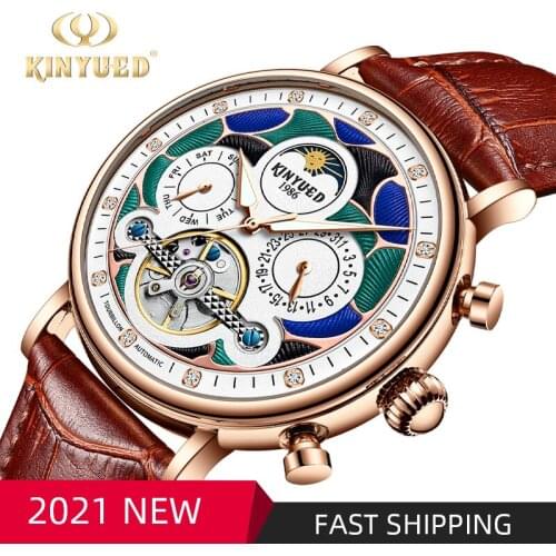 KINYUED Top Brand Luxury Tourbillon Mechanical Automatic Watch Man Moon phase Wristwatch Skeleton Mens Watches montre homme