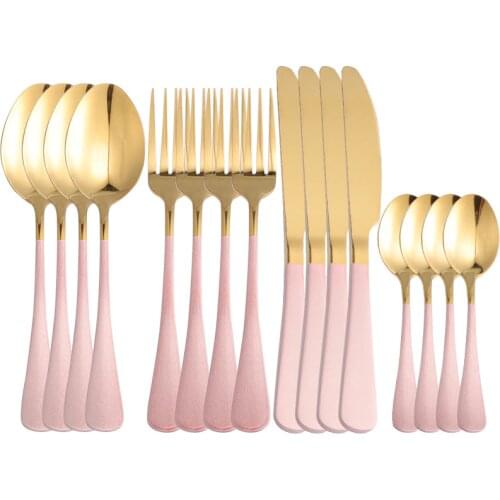 16Pcs Pink Gold Stainless Steel Cutlery Tableware Set Dinnerware Flatware Set Forks Knives Spoons Set Wedding Party Silverware