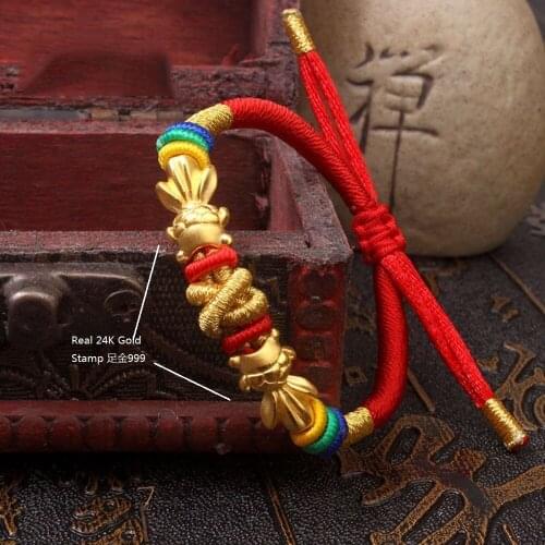 Genuine 24K Yellow Gold 2pcs Fish Beads with Red Cord Bracelet Length from 5" to 15"