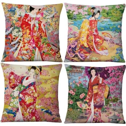 Japanese Geisha Girl Cushion Cover Woman Beauty Throw Pillow Cases 45X45cm Beige Linen Pillowcase Sofa Bedroom Decoration