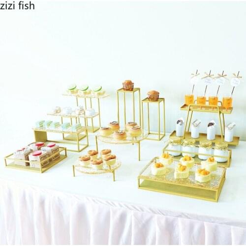 French Golden Dessert Cake Tray Wedding Holiday Metal Pastry Fruit Stand Acrylic Gold Foil Storage Tray Living Room Home Decor