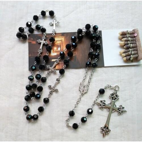 QX2E Trendy Vintage Rosary Necklace Spiritual Black Crystal Long Cross Pendant Holiday Thanksgiving Gift for Men Women Mother